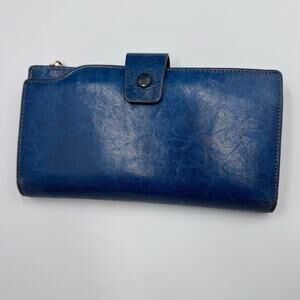 Itslife Womens Distressed Genuine Leather Wallet RFID Large Waxed Cowhide Blue